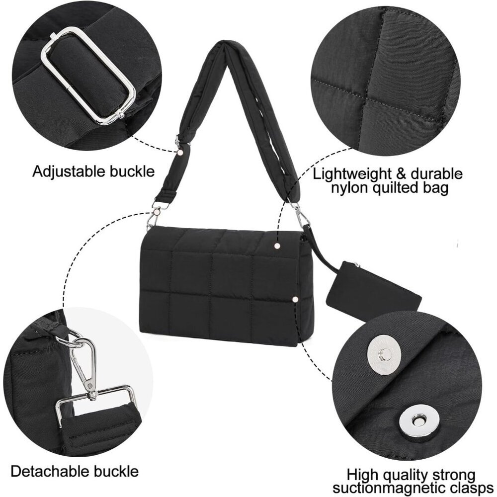 Women's Black Lightweight Cotton Padded Imported Puffer Shoulder Bag - Picture 6 of 7